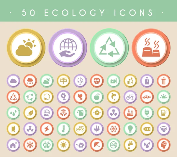 一套五十个生态图标在彩色圆形按钮上 矢量分离元件 — 图库矢量图片