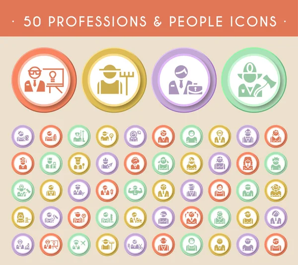 stock vector Set of 50 Professions and People Icons on Circular Colored Buttons. Vector Isolated Elements.