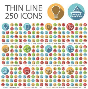 Beyaz Arkaplanda Dairesel Renkli Düğmeler Üzerine 350 Evrensel Düz Minimalist İnce Satır Simgesi