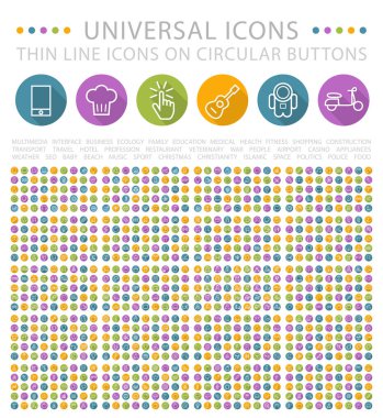 Set of Elegant Universal White Minimalist Thin Line Icons on Circular Colored Buttons on White Background. clipart