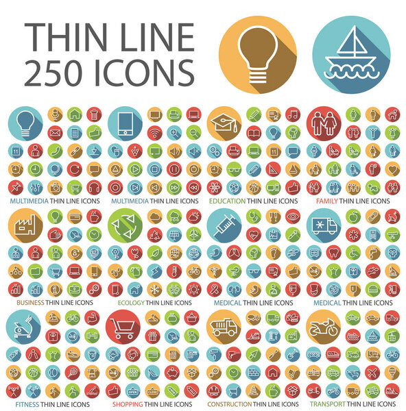 Набор из 350 универсальных плоских минималистичных элегантных стандартных тонких линий икон на круглых цветных кнопках на белом фоне