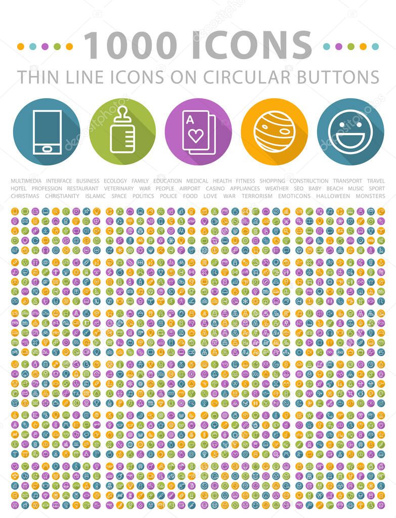 Set of Elegant Universal White Minimalist Thin Line Icons on Circular Colored Buttons on White Background.