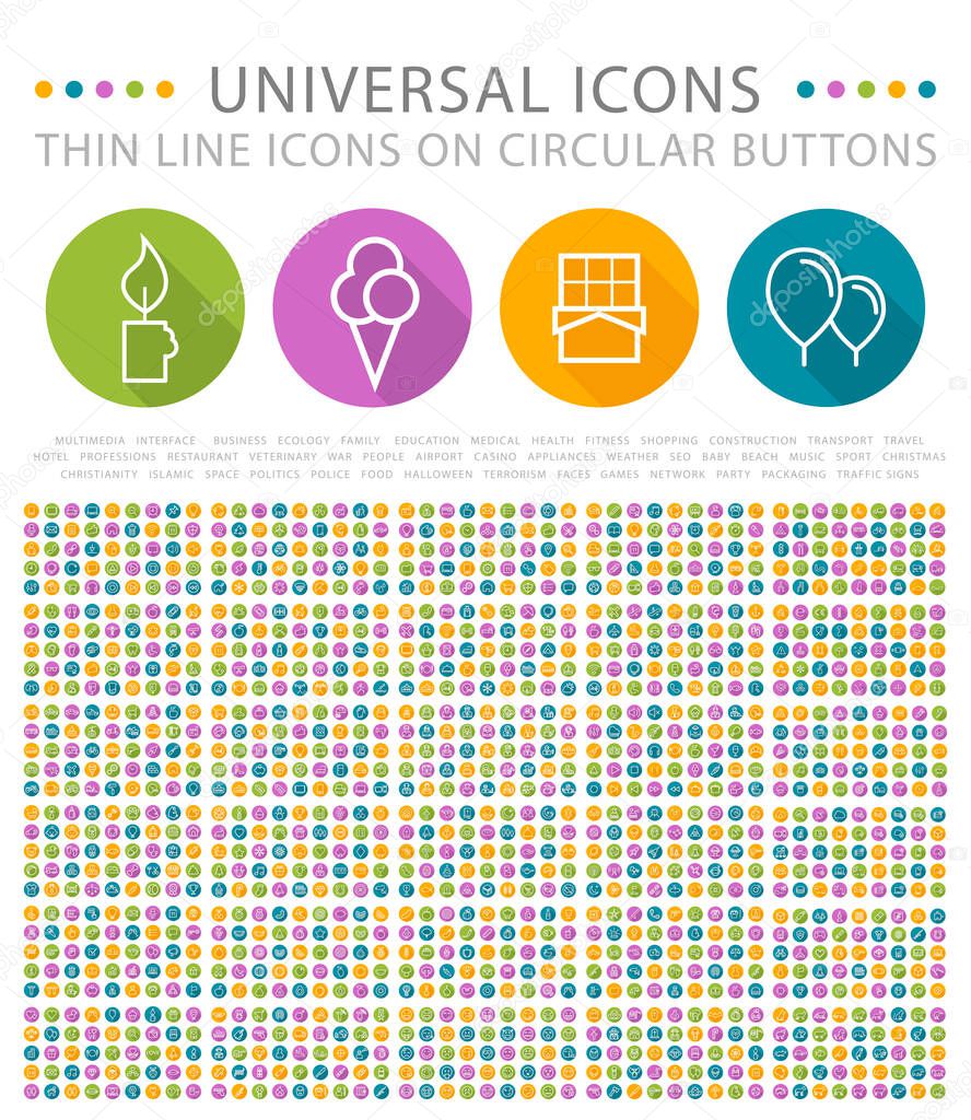 Universal Flat Minimalistic Elegant Standard Thin Line Icons on Circular Colored Buttons on White Background.
