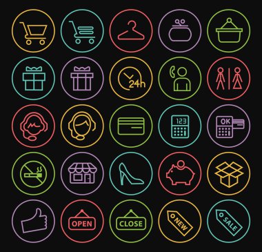 Kaliteli Evrensel İzole Edilmiş Standart Basit Renkli Neon Alışveriş İnce Çizgisi Simgeleri Siyah Arkaplanda Dairesel Düğmeler Üzerinde.