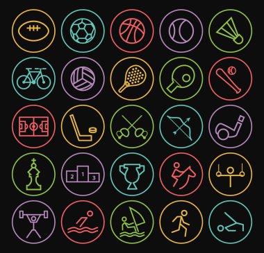 Kaliteli Evrensel İzole Asgari Renkli Neon Spor İnce Çizgi Simgeleri Siyah Arkaplanda Dairesel Düğmeler Üzerinde.