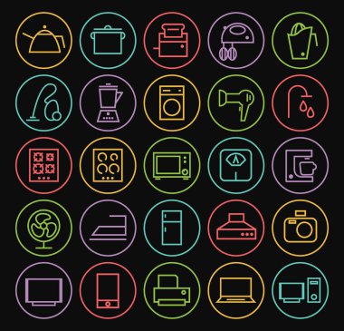 İzole Kalite Evrensel Standart Basit Renkli Neon Ev Aletleri Siyah Arkaplanda Dairesel Düğmeler Üzerinde İnce Satır Simgeleri.