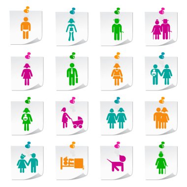 Kare Renkli Not Defteri Düğmelerinde Evrensel Düz Basit Aile Simgeleri