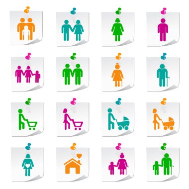 Kare Renkli Not Defteri Düğmelerinde Evrensel Düz Basit Aile Simgeleri