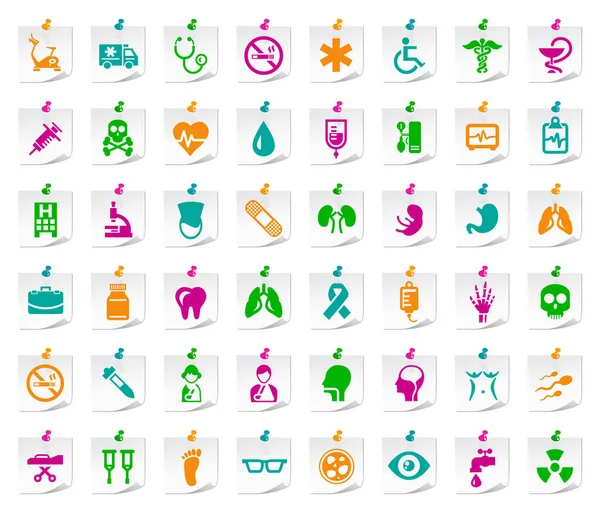 Set Universal Colored Flat Simple Funny Medical Icons Notepaper — Stock Vector