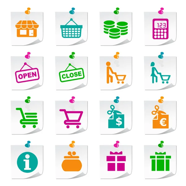 Conjunto Iconos Compras Mínimas Simples Planos Universales Botones Papel Notas — Vector de stock