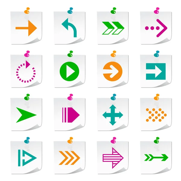 Set Universal Flat Simple Arrow Icons Square Colored Notepaper Buttons — Stock Vector