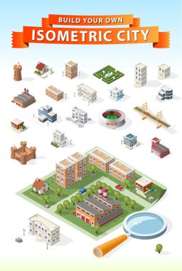 İzole edilmiş Yüksek Kalite Beyaz Arkaplanda Isometric Şehir Elementleri.
