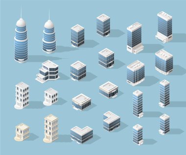 Arka planda Gölgeler olan Isometric Yüksek Kaliteli Şehir Binası. İzole Vektör Elementleri