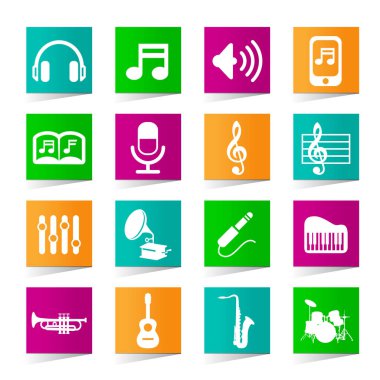 Kare Renkli Arkaplanda Evrensel Müzik Simgeleri Seti.