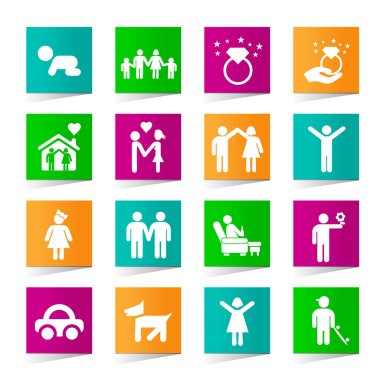 Beyaz Arkaplanda Kare Renkli Düğmeler Üzerinde Evrensel Aile Simgeleri