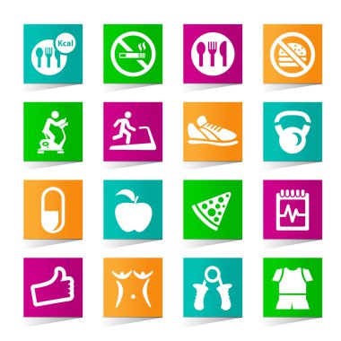 Kare Renkli Not Defteri Düğmelerinde Evrensel Düz Basit Fitness Simgeleri