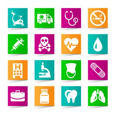 Kare Renkli Arkaplanda Evrensel Tıbbi Simgeler Seti