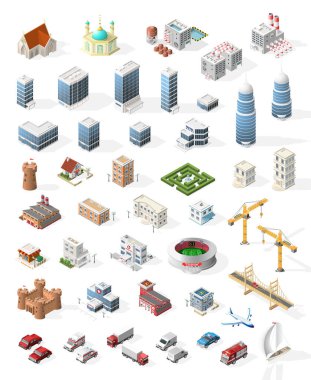Harita için Gerçekçi Isometric Yüksek Kalite Şehir Elementi. Binalar.