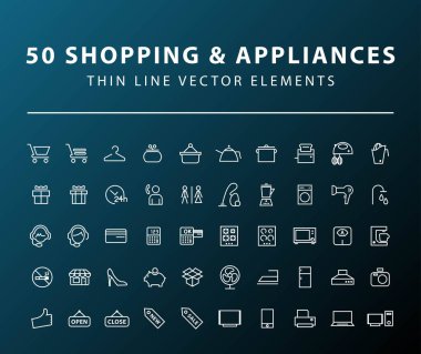 50 adet Minimal İnce Hat Alışveriş ve Karanlık Arkaplanda Ev Aletleri Simgesi. İzole Vektör Elementleri.