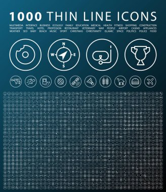 Çembersel Düğmeler Üzerinde 1000 adet izole edilmiş Modern Basit Beyaz Simge. Karanlık Arkaplanda Vektör Elementleri.