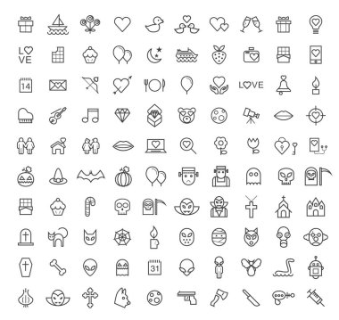 Beyaz Arkaplanda 100 İzole Asgari Modern Basit Siyah Vuruş Simgesi (Sevgililer Günü, Cadılar Bayramı ve Korkunç Elementler) )