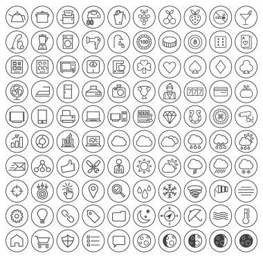 Beyaz Arkaplan Üzerine 100 Minimal Evrensel Modern Zarif Siyah İnce Çizgili Simgeler (Casino, Ev Aletleri, Hava Durumu, SEO ve Geliştirme).