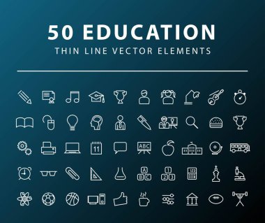 Karanlık Arkaplanda 50 Minimal İnce Çizgi Eğitim Simgesi. İzole Vektör Elementleri.