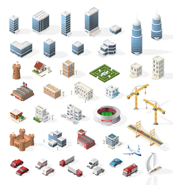 Set Elemento Realista Isométrico Ciudad Alta Calidad Para Mapa Edificios — Archivo Imágenes Vectoriales