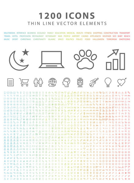 Набор из 1200 стандартных универсальных минимальных простейших иконок на белом фоне