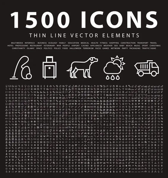 Σύνολο 1500 Περίγραμμα Εικονίδια Μαύρο Φόντο Απομονωμένα Στοιχεία Διανύσματος — Διανυσματικό Αρχείο