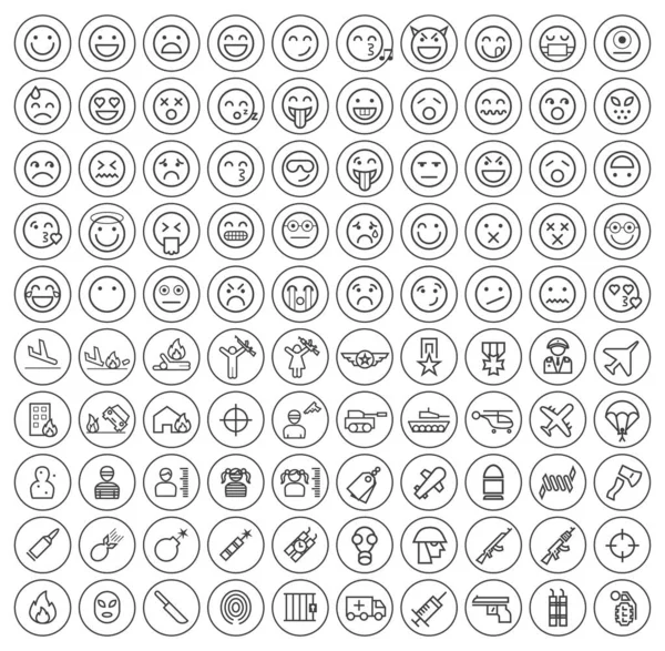 白を背景に円を描く100個の孤立したミニマルモダンシンプルなエレガントなブラックストロークアイコン 絵文字 — ストックベクタ