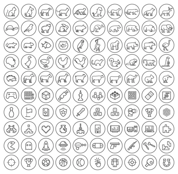 Set 100 Iconos Mínimos Animales Juegos Negros Botones Circulares Sobre — Vector de stock
