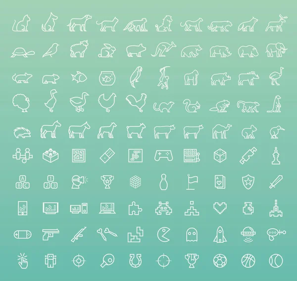 Set Von 100 Minimal Animal Games White Icons Auf Farbigem — Stockvektor