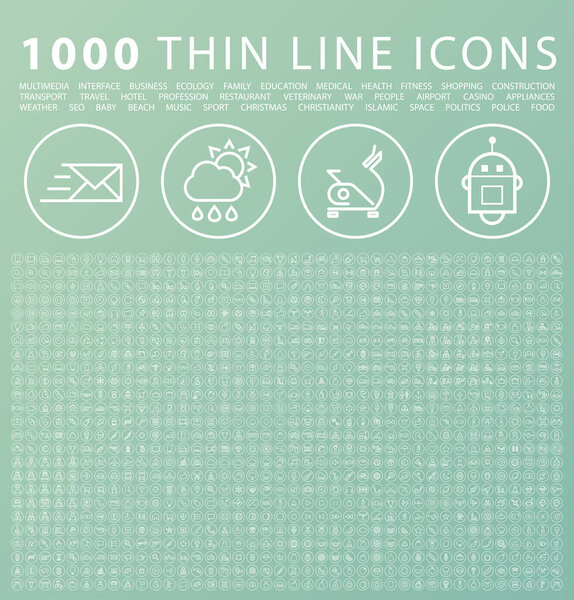 Набор из 1000 изолированных минимумов современных простых элегантных белых икон на круглых кнопках. Векторные элементы на зеленом фоне.