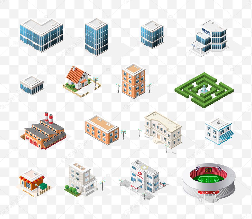 Set of Realistic Isometric High Quality City Element for Map. Buildings.