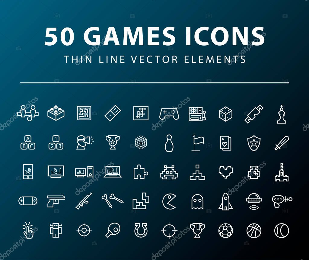 Set of 50 Minimal Thin Line Games Icons on Dark Background. Isolated Vector Elements.