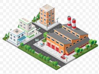 Şeffaf Arkaplanda İzole Yüksek Kalite Isometric Şehir Elementleri.