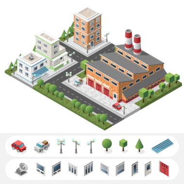 İzole edilmiş Yüksek Kalite Beyaz Arkaplanda Isometric Şehir Elementleri.