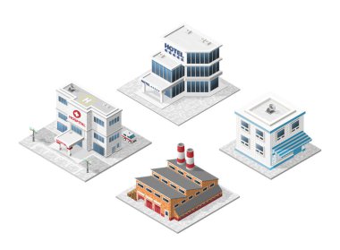 Beyaz Arkaplanda 45 Derece Gölgesi olan 4 Isometric Yüksek Kalite Şehir Elementi seti. Hastane, Otel, Fabrika ve Restoran 