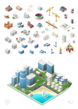Kendi Isometric şehrini kur. Beyaz Arkaplanda Yüksek Kalite Vektör Elementleri