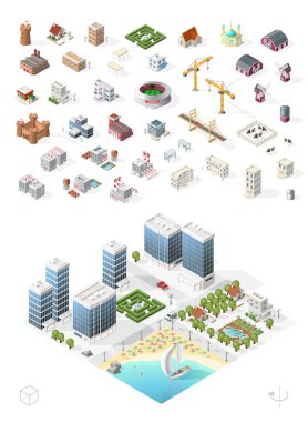Kendi Isometric şehrini kur. Beyaz Arkaplanda İzole Vektör Elementleri