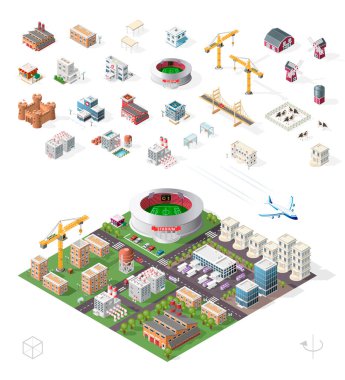 İzole edilmiş Yüksek Kalite Beyaz Arkaplanda Isometric Şehir Elementleri