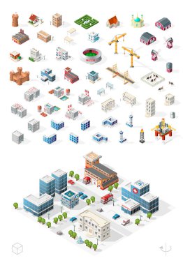 Kendi Isometric şehrini kur. Şeffaf Arkaplanda İzole Vektör Elementleri