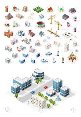 Şeffaf Arkaplanda İzole Yüksek Kalite Isometric Şehir Elementleri