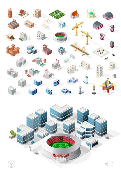Conjunto Elementos Aislados Ciudad Isométrica Alta Calidad Sobre Fondo Blanco — Archivo Imágenes Vectoriales
