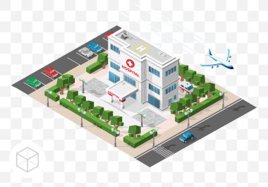 Şeffaf Arkaplanda 45 Derece Gölgesi olan Isometric Yüksek Kalite Şehir Elementi. Hastane