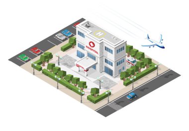Beyaz Arkaplanda 45 Derece Gölgesi olan Isometric Yüksek Kalite Şehir Elementi. Hastane
