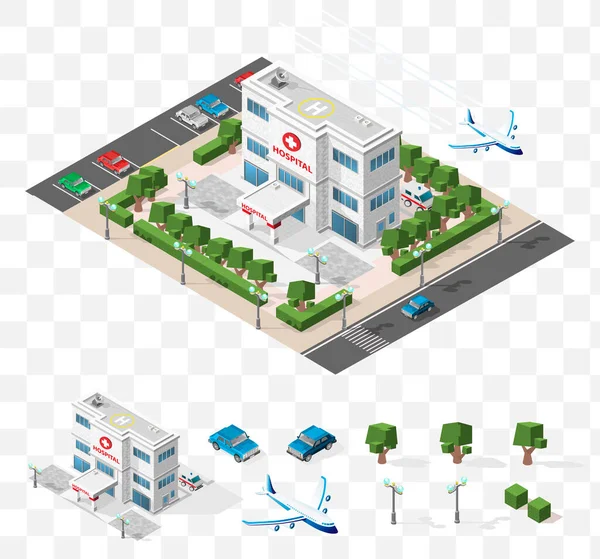 Şeffaf Arkaplanda 45 Derece Gölgesi olan Isometric Yüksek Kalite Şehir Elementi. Hastane