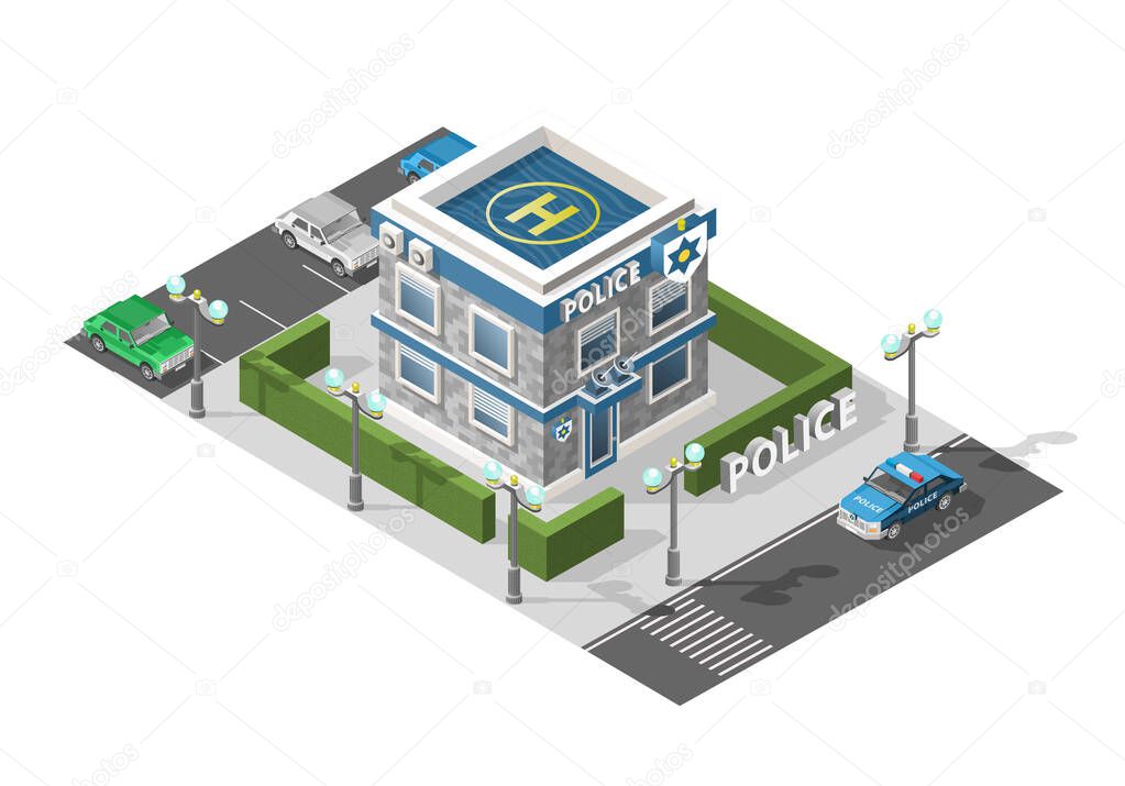 Set of Isolated High Quality Isometric City Elements. Hospital on White Background. Police Department.
