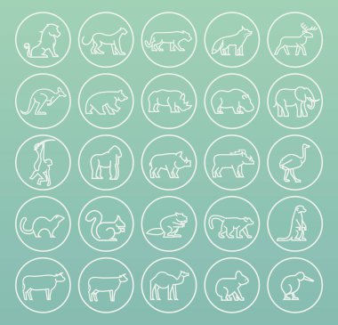 Renk Arkaplanı Üzerinde Çemberler Üzerinde Basit Beyaz İnce Çizgi Hayvanlar 